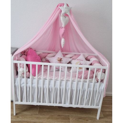 Lenjerie de pat cu apărătoare împletită în 4 și perne decorative + baldachin colorat și suport, Deseda Fantezie