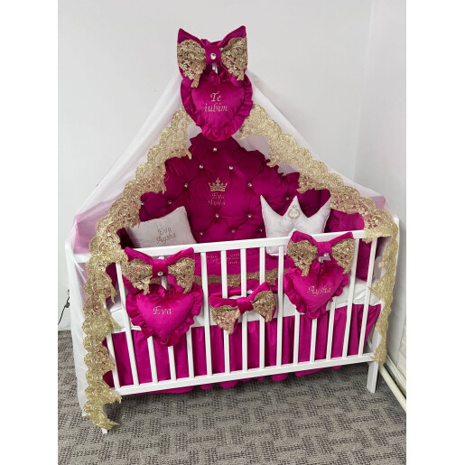 Pat + Saltea + Lenjerie pătuț bebeluși Prince din Catifea cu apărători matlasate, cearșaf, cuvertură pat și pernuta și baldachin cu suport 