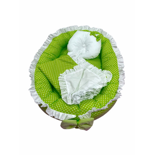 Cuib baby nest bebelusi cu volanase Verde cu buline albe LUX by Deseda + paturica + pernuta 