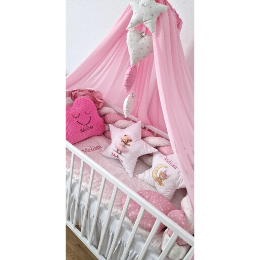 Pat + Saltea + Lenjerie de pat cu apărătoare împletită în 4 și perne decorative + baldachin colorat și suport, Deseda Fantezie