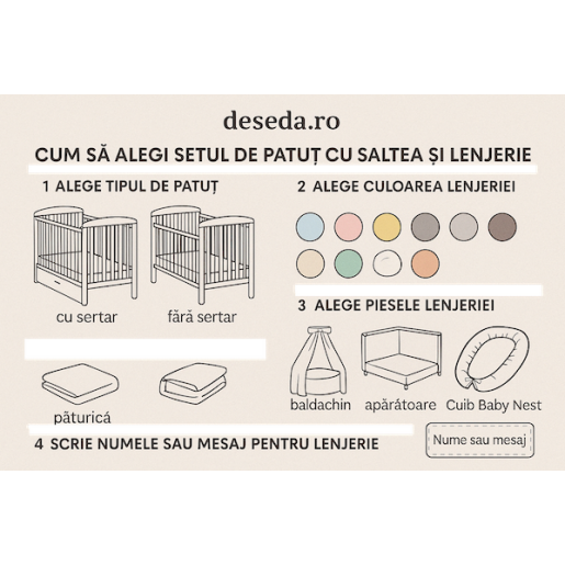 Pat + saltea + Lenjerie de pat Minunea mea, cu apărători matlasate + lenjerie cu fundițe+ baldachin cu suport și inimioara Roz pudra