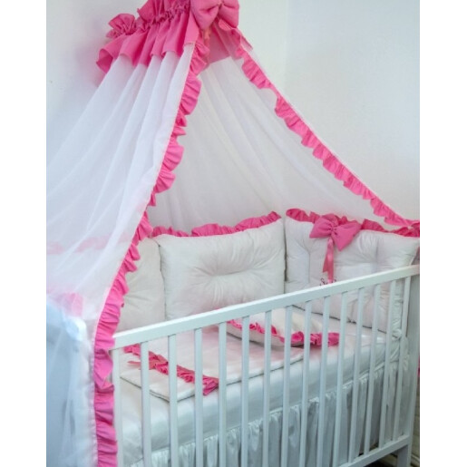 Pat + saltea + Lenjerie de pat cu 6 bucati aparatori protectii laterale patut Deseda Albe cu volanas colorat + baldachin cu suport asortat 