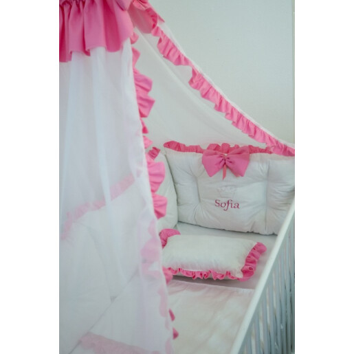 Pat + saltea + Lenjerie de pat cu 6 bucati aparatori protectii laterale patut Deseda Albe cu volanas colorat + baldachin cu suport asortat 