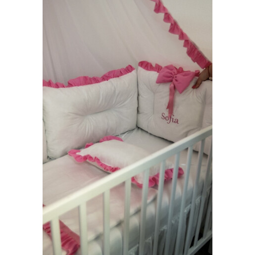 Pat + saltea + Lenjerie de pat cu 6 bucati aparatori protectii laterale patut Deseda Albe cu volanas colorat + baldachin cu suport asortat 