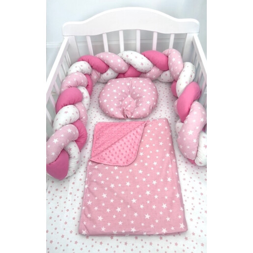 Set 7 piese Lenjerie cu apărătoare împletită 180 cm + cearșaf + păturică + pernuta formare cap + cuib cu desfacere + prosop cu capison Deseda Mix steluțe Roz