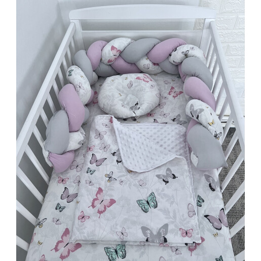 Lenjerie de pat cu 2 aparatori impletite Fluturasi gri- lila + lenjerie pat matrimonial Momente Deseda