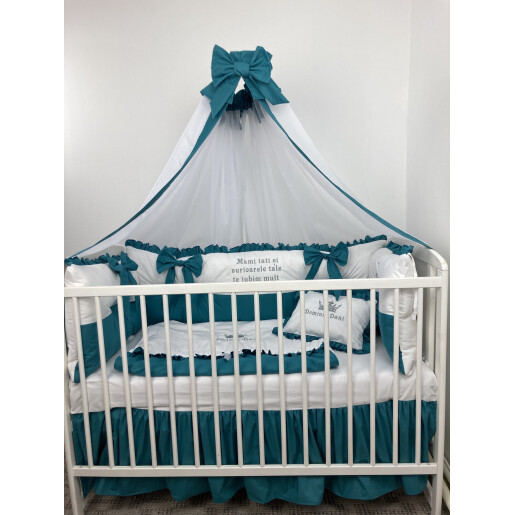 Pat + saltea + Lenjeria cu apărători super groase, fundițe și 4 broderii, cearșaf pilota și pernuta Premium by Deseda Verde smarald - alb
