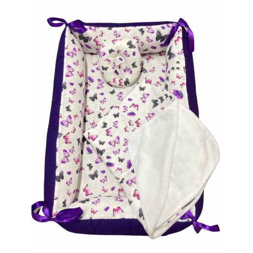 Reductor Bebe Bed Nest cu paturica si pernuta antiplagiocefalie Deseda Violet-Fluturi gri-violet