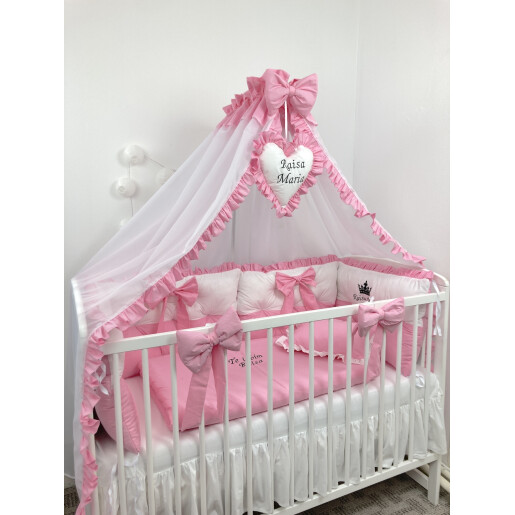 Lenjerie de pat cu 6 apărători matlasate Bicolore și fundițe Roz