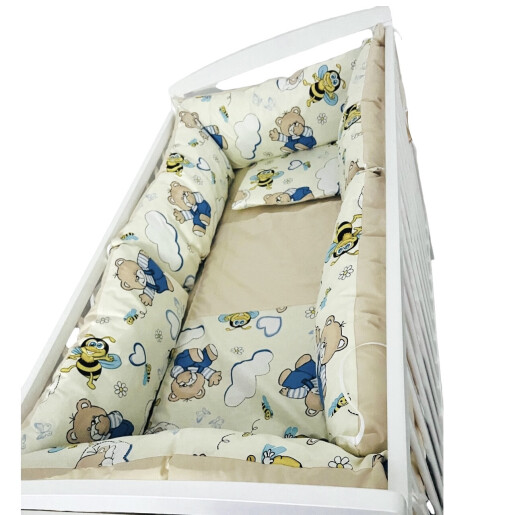Pat natur+ Saltea + Lenjerie de pat cu perne lungi Ursi cu aline pe crem + Perna stea personalizata
