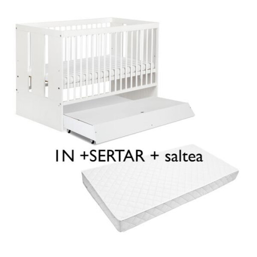 Pat + saltea + Lenjerie de pat Minunea mea, cu apărători matlasate + lenjerie cu fundițe+ baldachin cu suport și inimioara Roz pudra