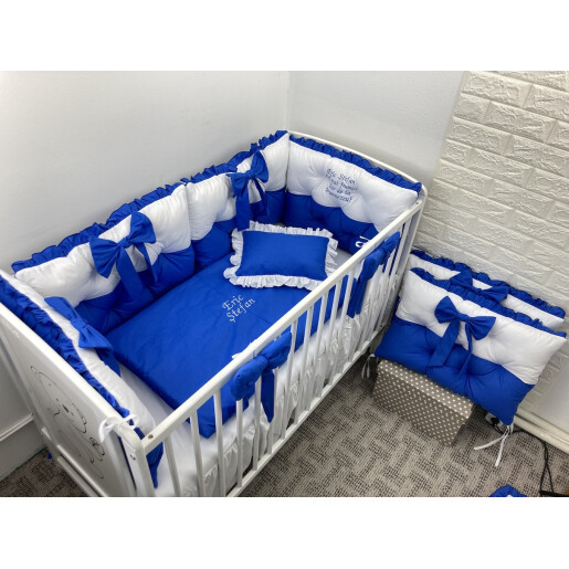 Lenjerie de pat cu 3 apărători matlasate Bicolore și fundițe Albastru royal- alb