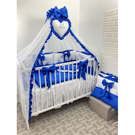 Lenjerie de pat cu 3 apărători matlasate Bicolore și fundițe Albastru royal- alb