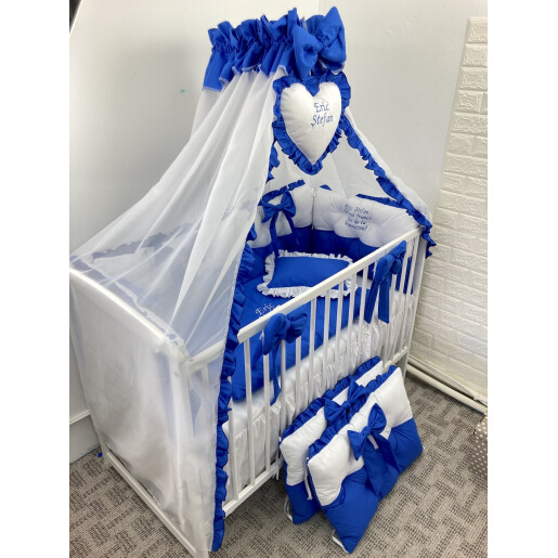 Lenjerie de pat cu 3 apărători matlasate Bicolore și fundițe Albastru royal- alb