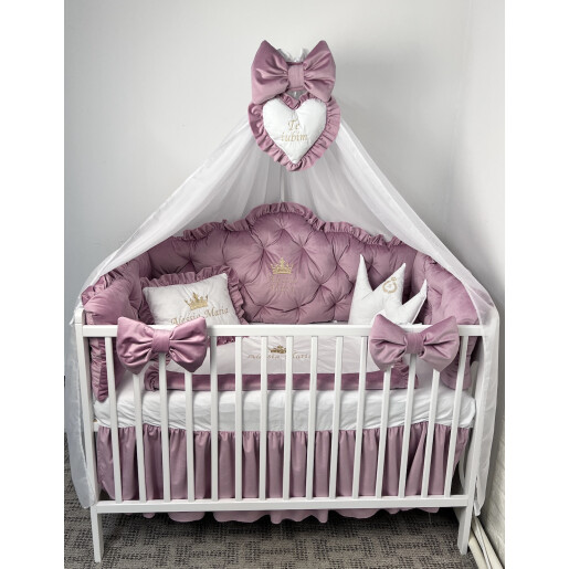Pătuț bebe + saltea + Lenjerie pătuț bebeluși din Catifea Roz pudra cu apărători matlasate, cearșaf, păturică și pernuta din catifea + baldachin cu suport, PREMIUM