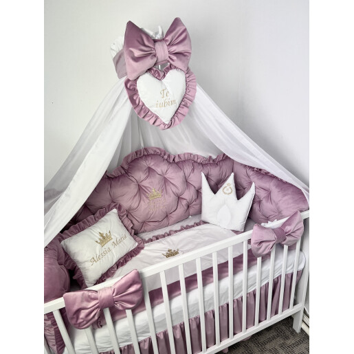 Pătuț bebe + saltea + Lenjerie pătuț bebeluși din Catifea Roz pudra cu apărători matlasate, cearșaf, păturică și pernuta din catifea + baldachin cu suport, PREMIUM