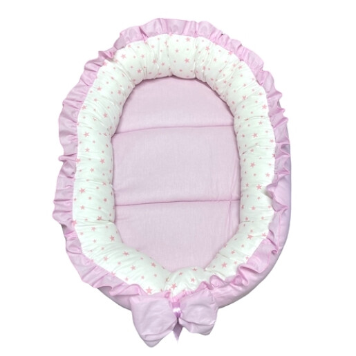 Set cuib baby nest bebelusi cu volanase Roz Pal - stelute roz pe alb LUX by Deseda + paturica + pernuta
