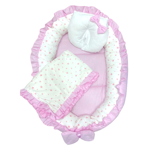 Set cuib baby nest bebelusi cu volanase Roz Pal - stelute roz pe alb LUX by Deseda + paturica + pernuta
