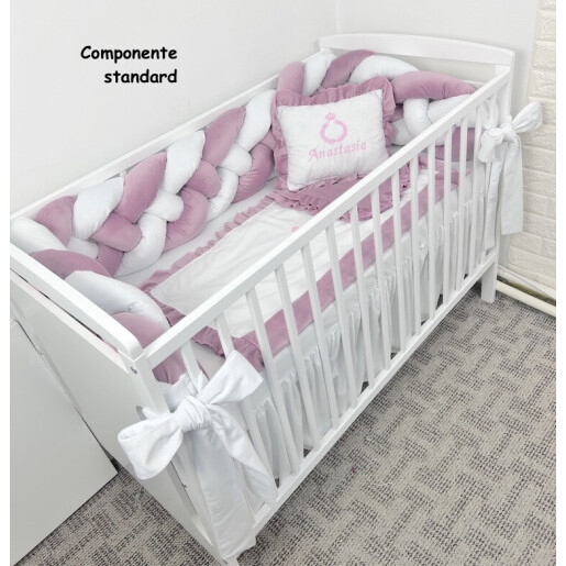 Pat + saltea + Lenjerie cu apărătoare împletită în 4, 240 cm, din CATIFEA + cearșaf + plăpumioară + pernuta slim Deseda LUX Roz pudrat - alb
