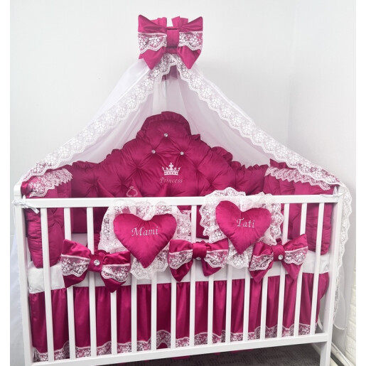Lenjerie pătuț bebeluși din Catifea Roz ciclam Princess cu dantela si apărători matlasate, cearșaf, păturică și pernuta din catifea 