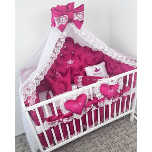 Lenjerie pătuț bebeluși din Catifea Roz ciclam Princess cu dantela si apărători matlasate, cearșaf, păturică și pernuta din catifea 