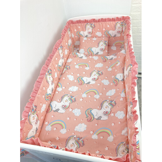 Patut bebe + saltea + Lenjerie de pat CN Unicorni + cuib + prosop de baie