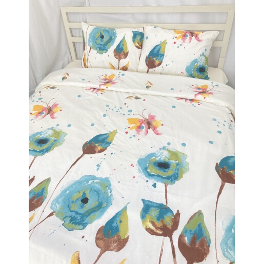Lenjerie de pat din bumbac satinat, pt 2 persoane Flori pictate albastre 