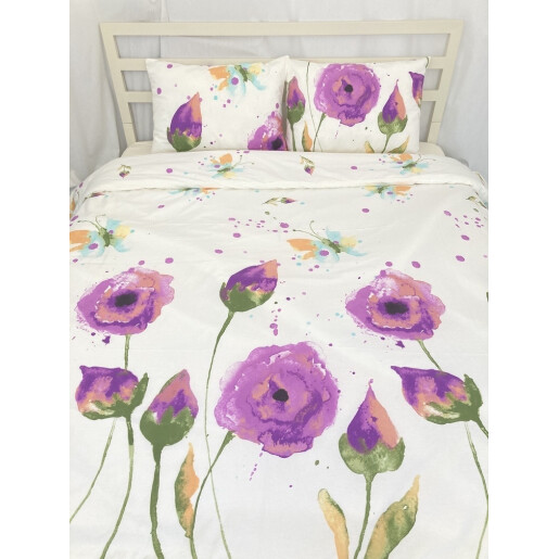 Lenjerie de pat din bumbac satinat, pt 2 persoane Flori pictate violet