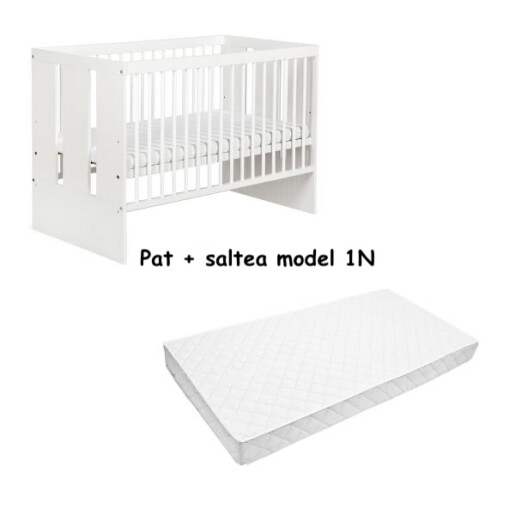 Pat + Saltea + Lenjerie pătuț bebeluși Personalizata cu 7 pernuțe cu volanase, cearșaf cu Volanas, păturică și pernuțe slim Bleumarin-stelute bleumarin pe alb
