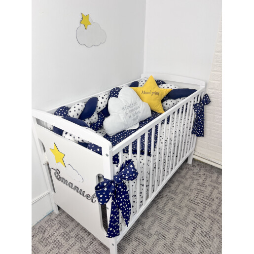 Pat PERSONALIZAT + Saltea + Lenjerie de pat cu apărătoare împletită în 4, Deseda Mix Steluțe Bleumarin