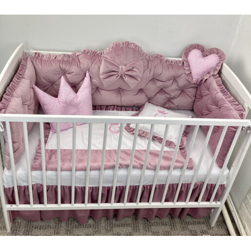 Pătuț bebe + saltea + Lenjerie pătuț bebeluși din Catifea ALEGE CULOAREA cu  baldachin și apărători matlasate, cearșaf, păturică și pernuta din catifea 