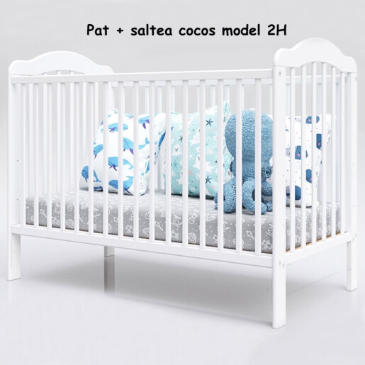 Pat + Saltea + Lenjerie pătuț bebeluși Personalizata cu 7 sau 9 pernuțe, cearșaf cu Volanas, păturică și pernuțe slim