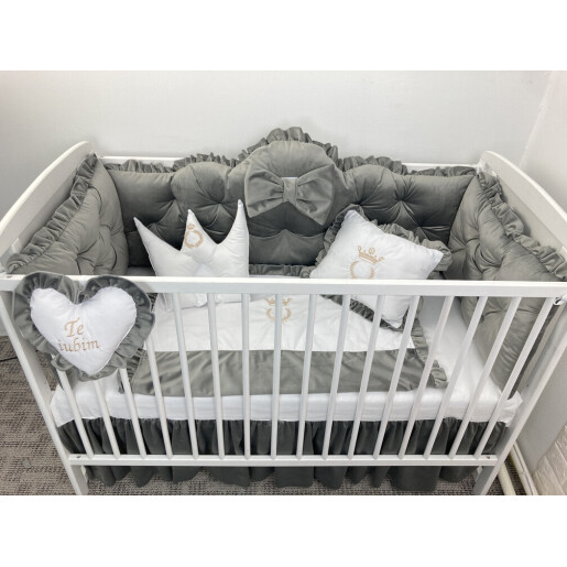 Pătuț bebe + saltea + Lenjerie pătuț bebeluși din Catifea ALEGE CULOAREA cu  baldachin și apărători matlasate, cearșaf, păturică și pernuta din catifea 