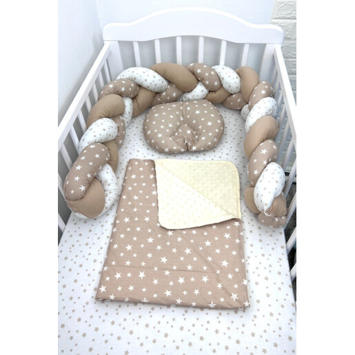 Lenjerie de pat cu impletitura in 3, Mix Stelute Bej+ lenjerie pat matrimonial Momente Deseda