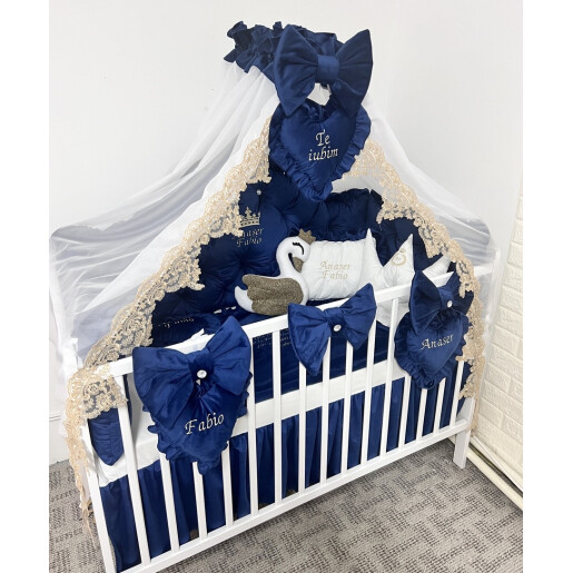 Lenjerie pătuț bebeluși din Catifea Bleumarin Prince cu apărători matlasate, cearșaf, păturică și pernuta din catifea 