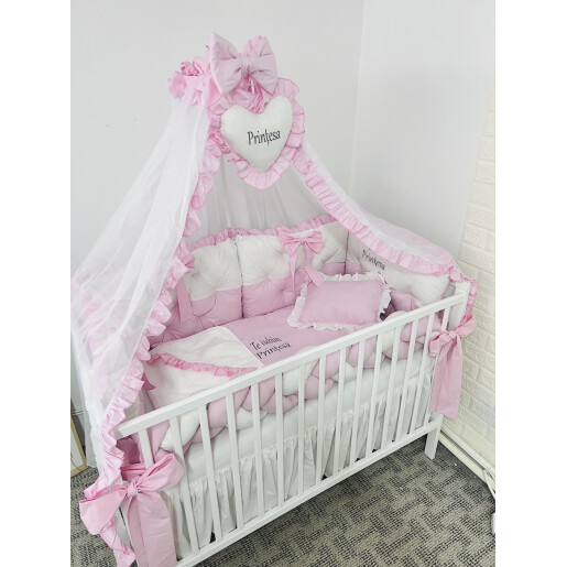 Lenjerie de pat cu 4 apărători matlasate Bicolore și o apărătoare împletită și fundițe Roz baby - alb