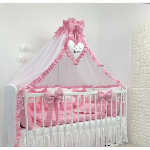 Pat + saltea + Lenjerie de pat cu 4 apărători matlasate Bicolore + lenjerie cu fundițe+ baldachin cu suport și inimioara Roz - alb