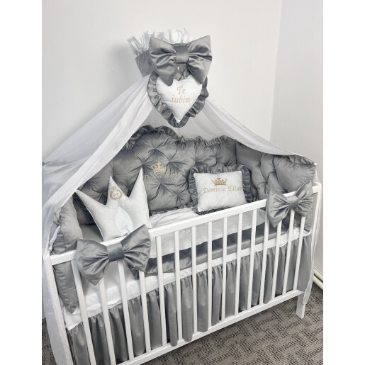 Pătuț bebe + saltea + Lenjerie pătuț bebeluși din Catifea Gri cu apărători matlasate, cearșaf, păturică, pernuta din catifea + baldachin PREMIUM