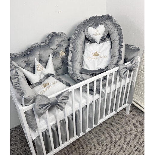 Pătuț bebe + saltea + Lenjerie pătuț bebeluși din Catifea Gri cu apărători matlasate, cearșaf, păturică, pernuta din catifea + baldachin PREMIUM