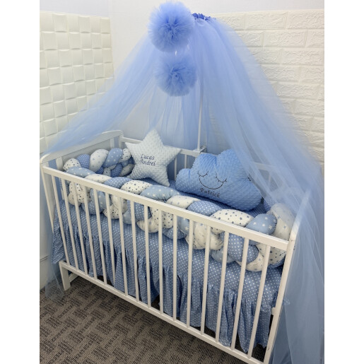 Pat + Saltea + Lenjerie de pat cu apărătoare împletită în 4 și 2 perne decorative + baldachin tulle colorat și suport, Deseda Mix stelute bleo