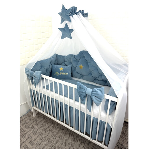 Lenjerie pătuț bebeluși din Catifea Albastru prăfuit cu apărători matlasate, cearșaf, păturică și pernuta Minunea mea