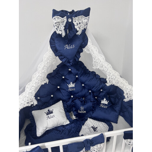 Pat + saltea + Lenjerie de pat din Catifea Albastru Royal cu apărători matlasate Price  + baldachin cu dantela și suport + cuib cu desfacere asortat + set de baie