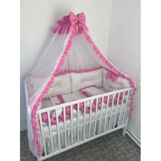 Pat + saltea + Lenjerie de pat cu 6 bucati aparatori protectii laterale patut Deseda Albe cu volanas colorat + baldachin cu suport asortat 