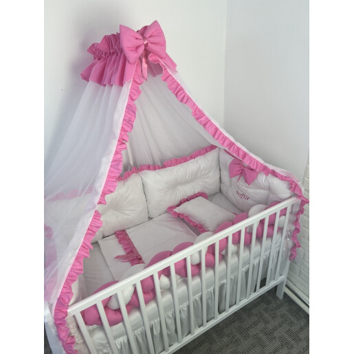 Pat + saltea + Lenjerie de pat cu 6 bucati aparatori protectii laterale patut Deseda Albe cu volanas colorat + baldachin cu suport asortat 