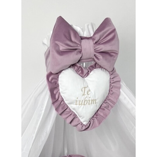 Pătuț bebe + saltea + Lenjerie pătuț bebeluși din Catifea Roz pudra cu apărători matlasate, cearșaf, păturică și pernuta din catifea + baldachin cu suport, PREMIUM