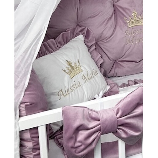 Pătuț bebe + saltea + Lenjerie pătuț bebeluși din Catifea Roz pudra cu apărători matlasate, cearșaf, păturică și pernuta din catifea + baldachin cu suport, PREMIUM
