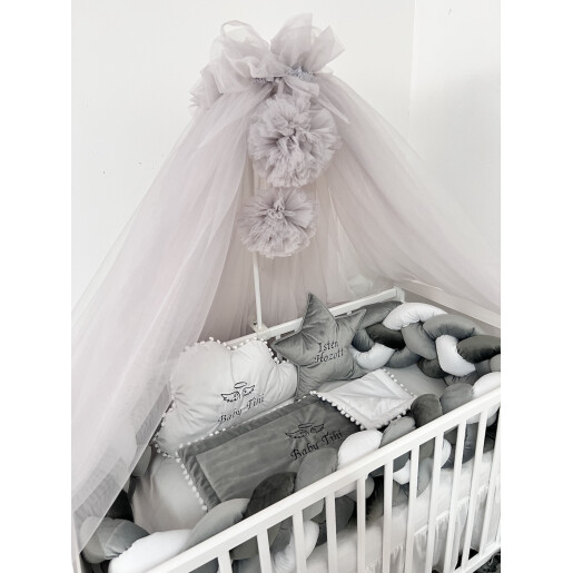 Lenjerie de pat din CATIFEA cu apărătoare împletită în 4 și perne deco steluța și norisor Deseda Mix Gri -alb