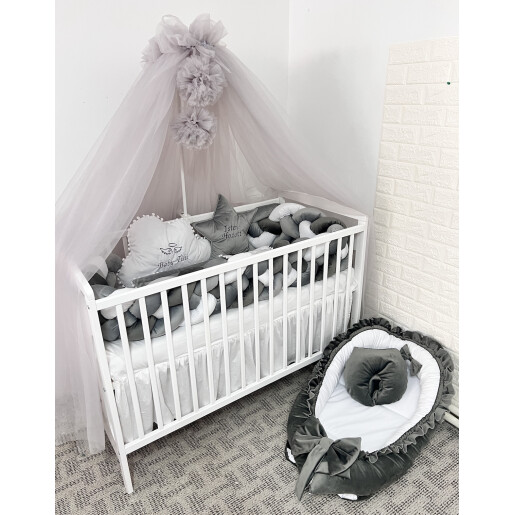 Lenjerie de pat din CATIFEA cu apărătoare împletită în 4 și perne deco steluța și norisor Deseda Mix Gri -alb