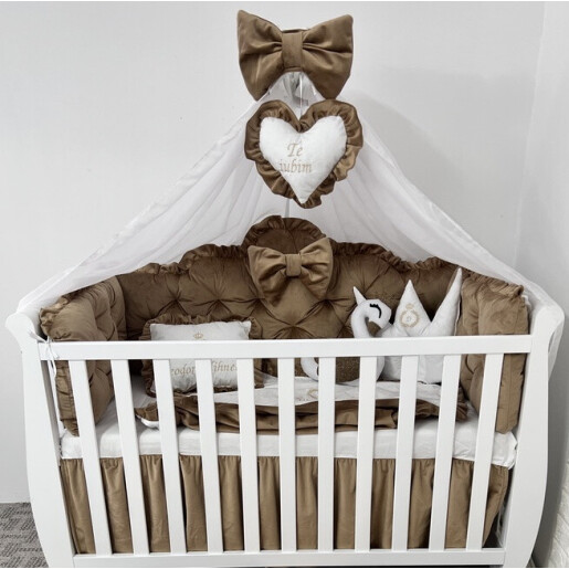 Pătuț bebe + saltea + Lenjerie pătuț bebeluși din Catifea ALEGE CULOAREA cu  baldachin și apărători matlasate, cearșaf, păturică și pernuta din catifea 