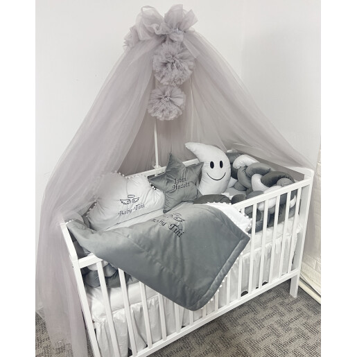 Lenjerie de pat din CATIFEA cu apărătoare împletită în 4 și perne deco steluța și norisor Deseda Mix Gri -alb